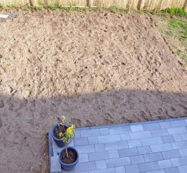 Garten mit gesäter Bauerngarten-Mischung Balkonsicht, rechts unbearbeiteter Streifen