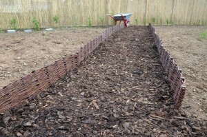 gemulchter Gartenweg zu den Clematis mit Weide-Beeteinfassungen