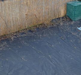 Ligusterheckenende mit Komposter und Teil des riesigen Steinhaufens