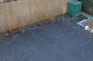 Ligusterheckenende mit Komposter und Teil des riesigen Steinhaufens